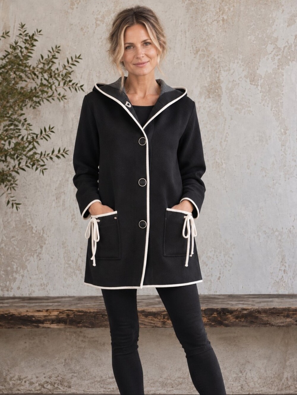 Linea Domani Black White Hooded Cardigan Sweater Coat Minimalist Size M